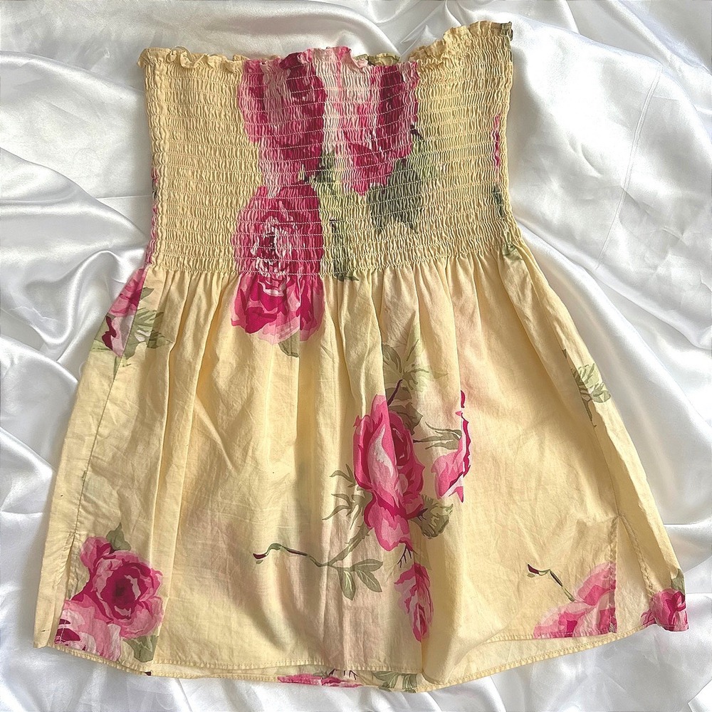 Banana Republic Yellow Pink Floral Smocked Strapless Tube Top Small Cotton Rose
